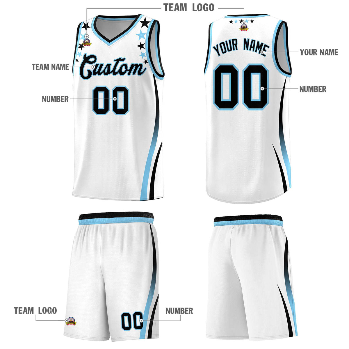 Custom White Shoulders Star Pattern Side Color Block Sports Uniform Basketball Jersey