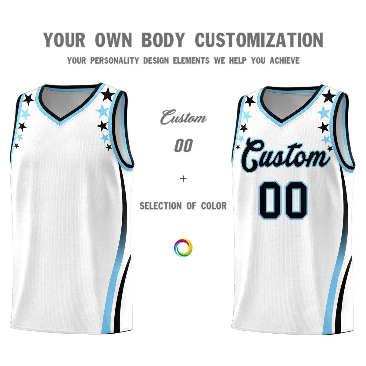 Custom White Shoulders Star Pattern Side Color Block Sports Uniform Basketball Jersey