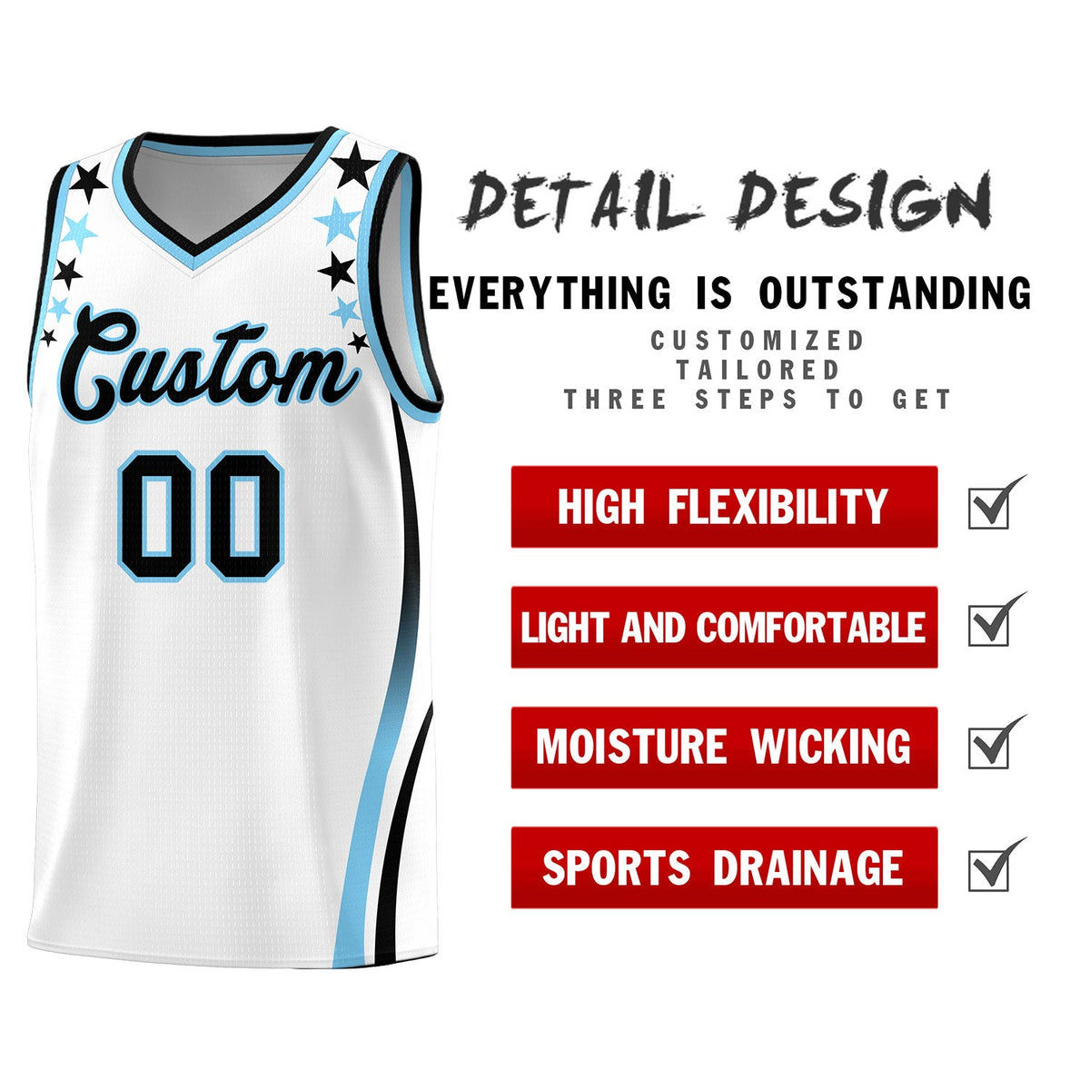 Custom White Shoulders Star Pattern Side Color Block Sports Uniform Basketball Jersey