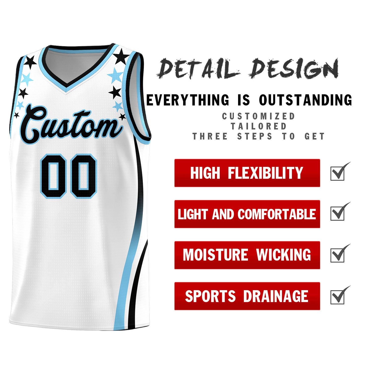 Custom White Shoulders Star Pattern Side Color Block Sports Uniform Basketball Jersey