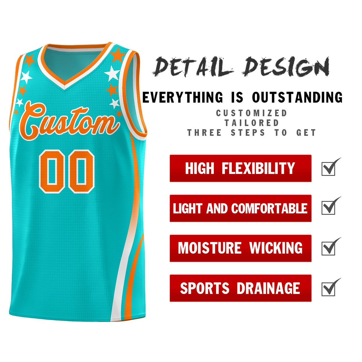 Custom Sky Blue Shoulders Star Pattern Side Color Block Sports Uniform Basketball Jersey