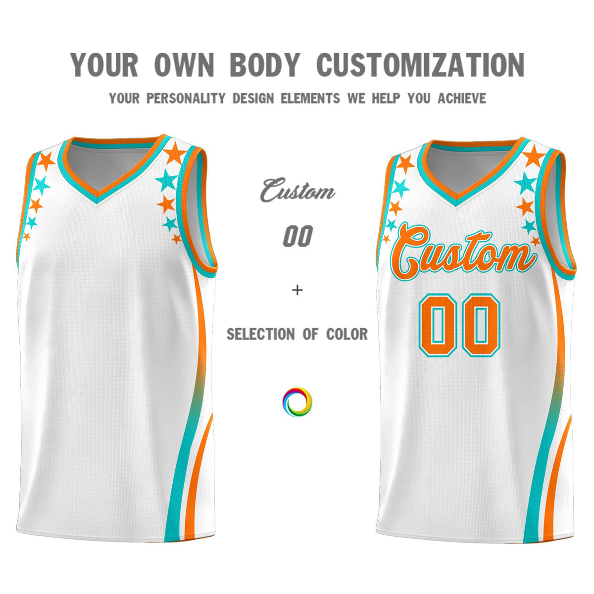 Custom White Shoulders Star Pattern Side Color Block Sports Uniform Basketball Jersey