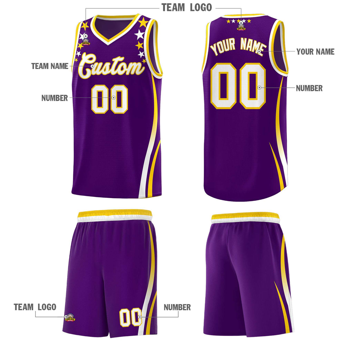 Custom Purple Shoulders Star Pattern Side Color Block Sports Uniform Basketball Jersey