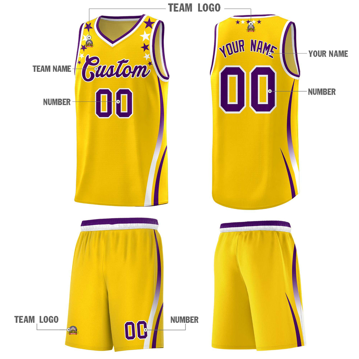 Custom Gold Shoulders Star Pattern Side Color Block Sports Uniform Basketball Jersey