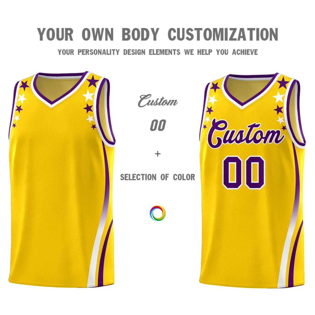 Custom Gold Shoulders Star Pattern Side Color Block Sports Uniform Basketball Jersey
