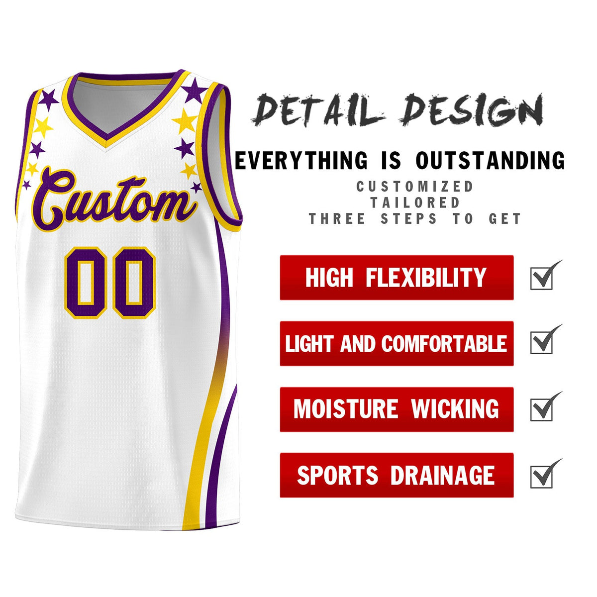 Custom White Shoulders Star Pattern Side Color Block Sports Uniform Basketball Jersey