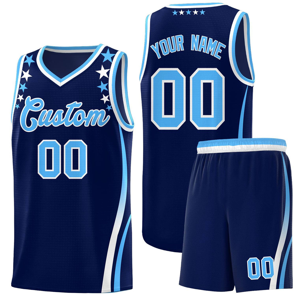 Custom Navy Shoulders Star Pattern Side Color Block Sports Uniform Basketball Jersey