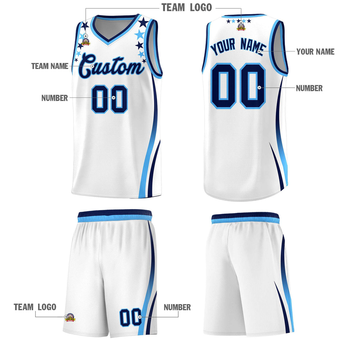 Custom White Shoulders Star Pattern Side Color Block Sports Uniform Basketball Jersey