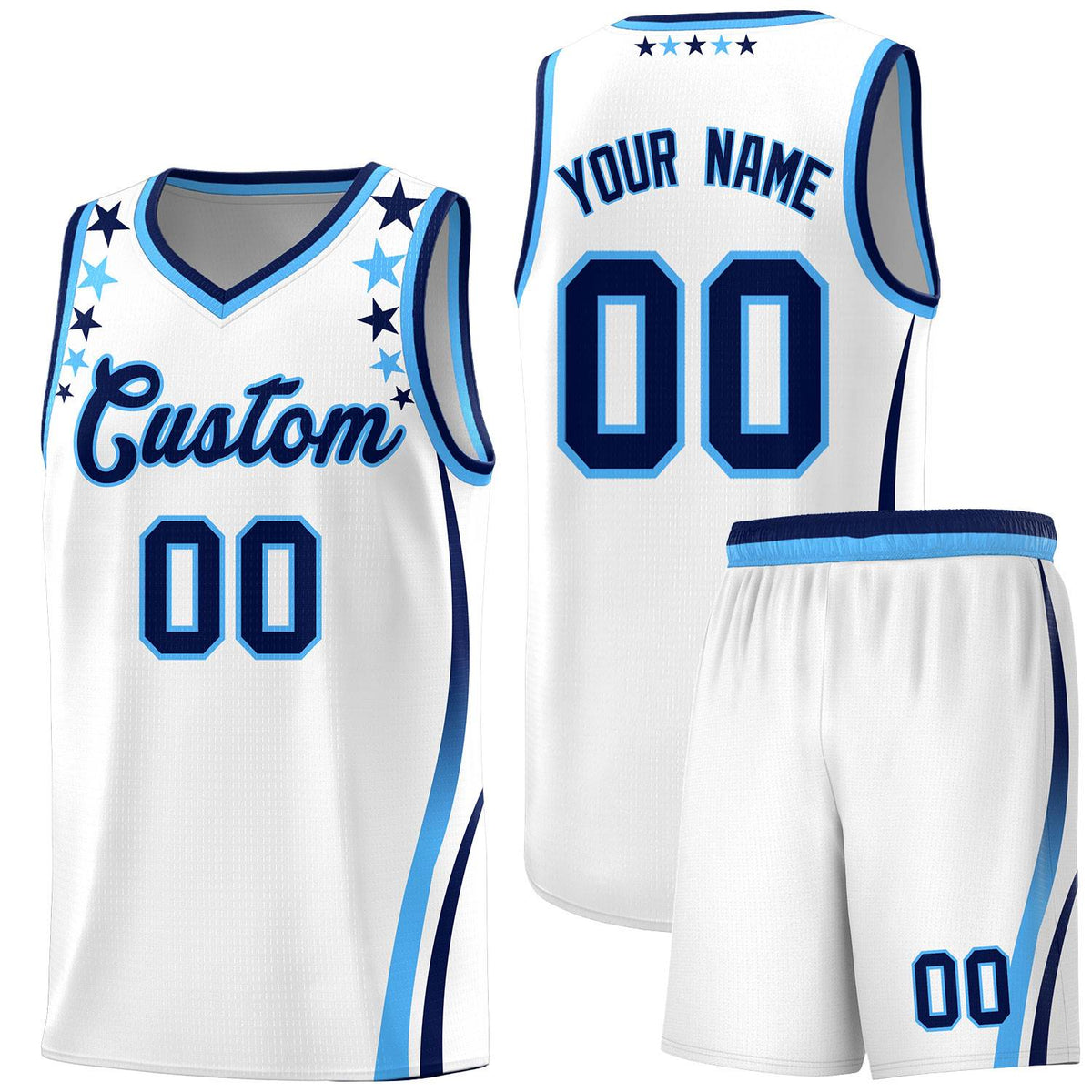 Custom White Shoulders Star Pattern Side Color Block Sports Uniform Basketball Jersey