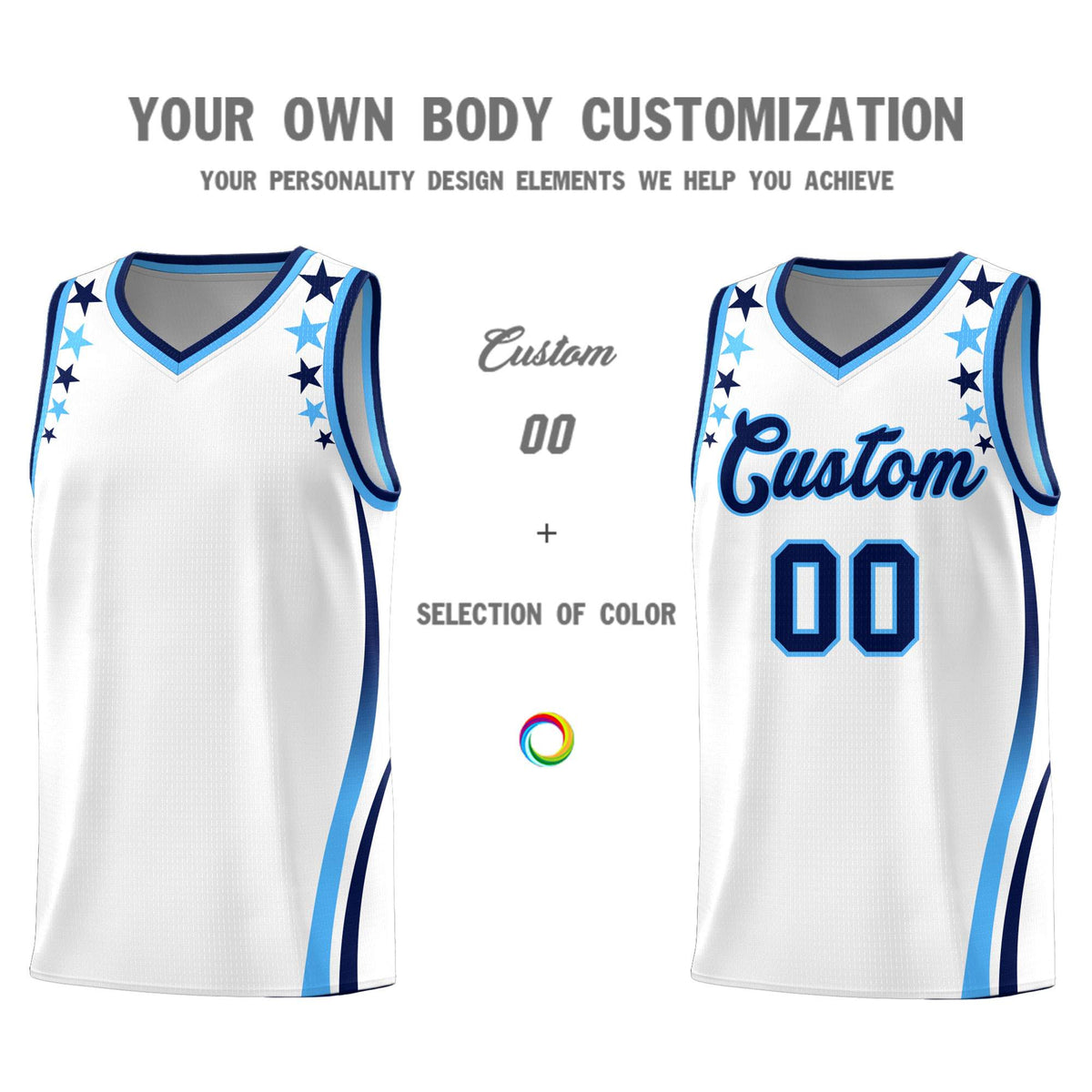 Custom White Shoulders Star Pattern Side Color Block Sports Uniform Basketball Jersey
