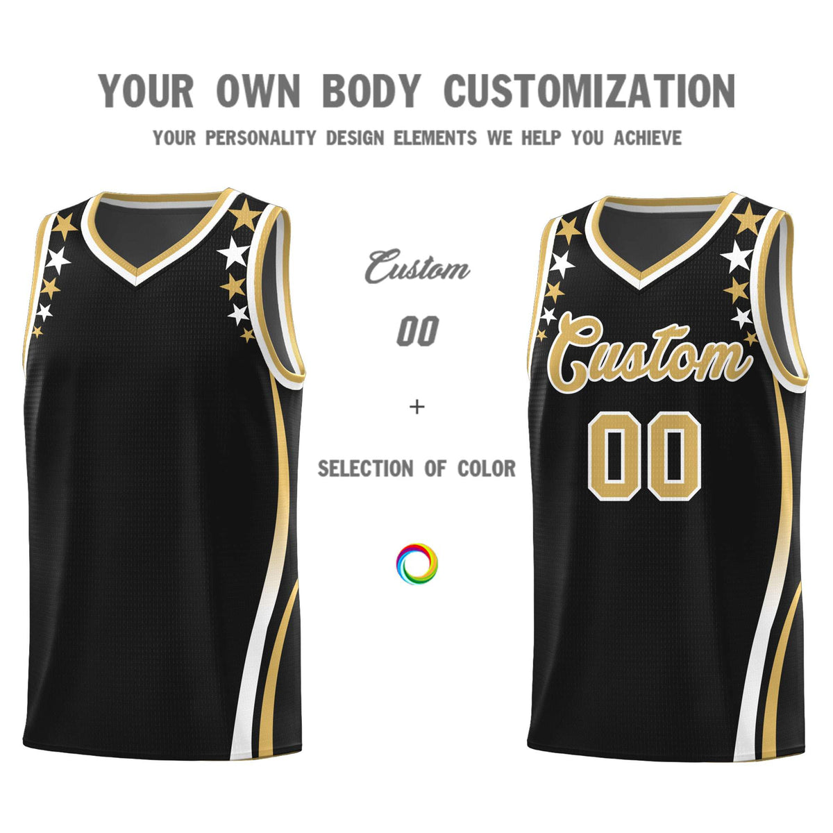 Custom Black Shoulders Star Pattern Side Color Block Sports Uniform Basketball Jersey