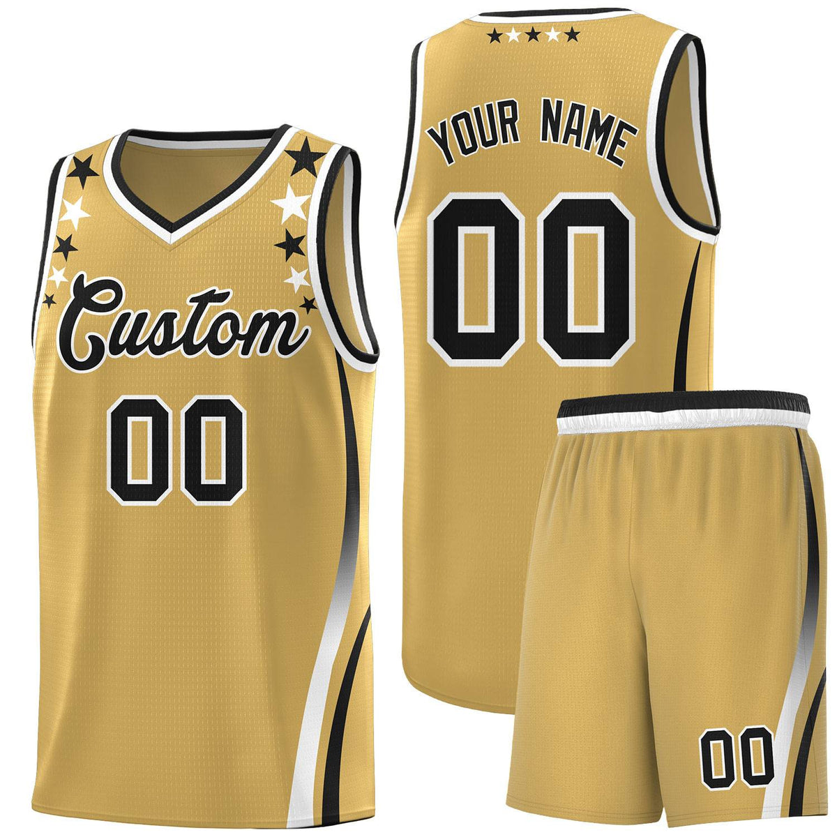 Custom Old Gold Shoulders Star Pattern Side Color Block Sports Uniform Basketball Jersey