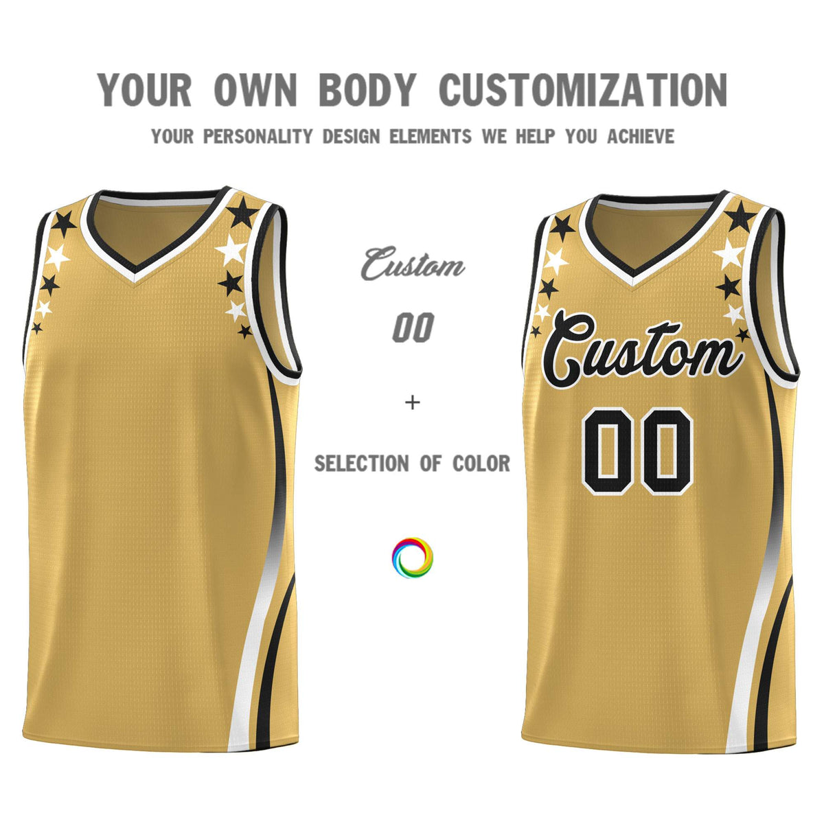 Custom Old Gold Shoulders Star Pattern Side Color Block Sports Uniform Basketball Jersey