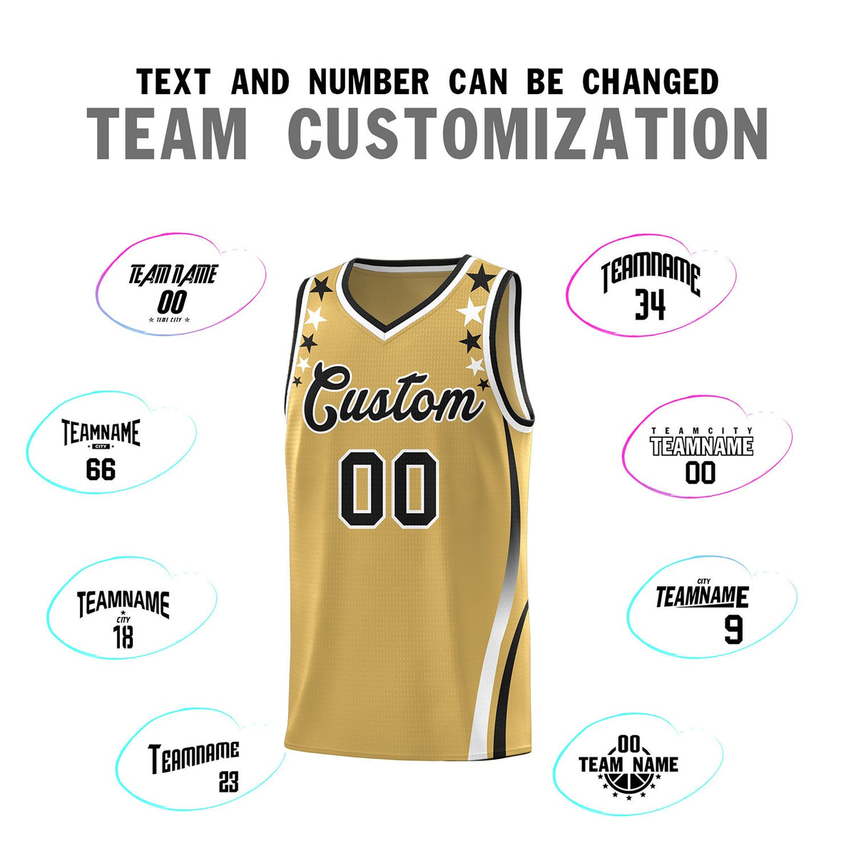 Custom Old Gold Shoulders Star Pattern Side Color Block Sports Uniform Basketball Jersey