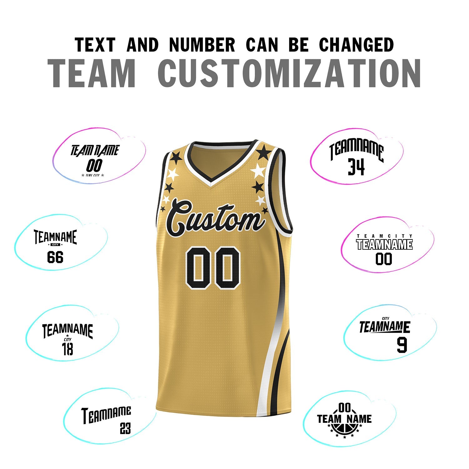 Custom Old Gold Shoulders Star Pattern Side Color Block Sports Uniform Basketball Jersey