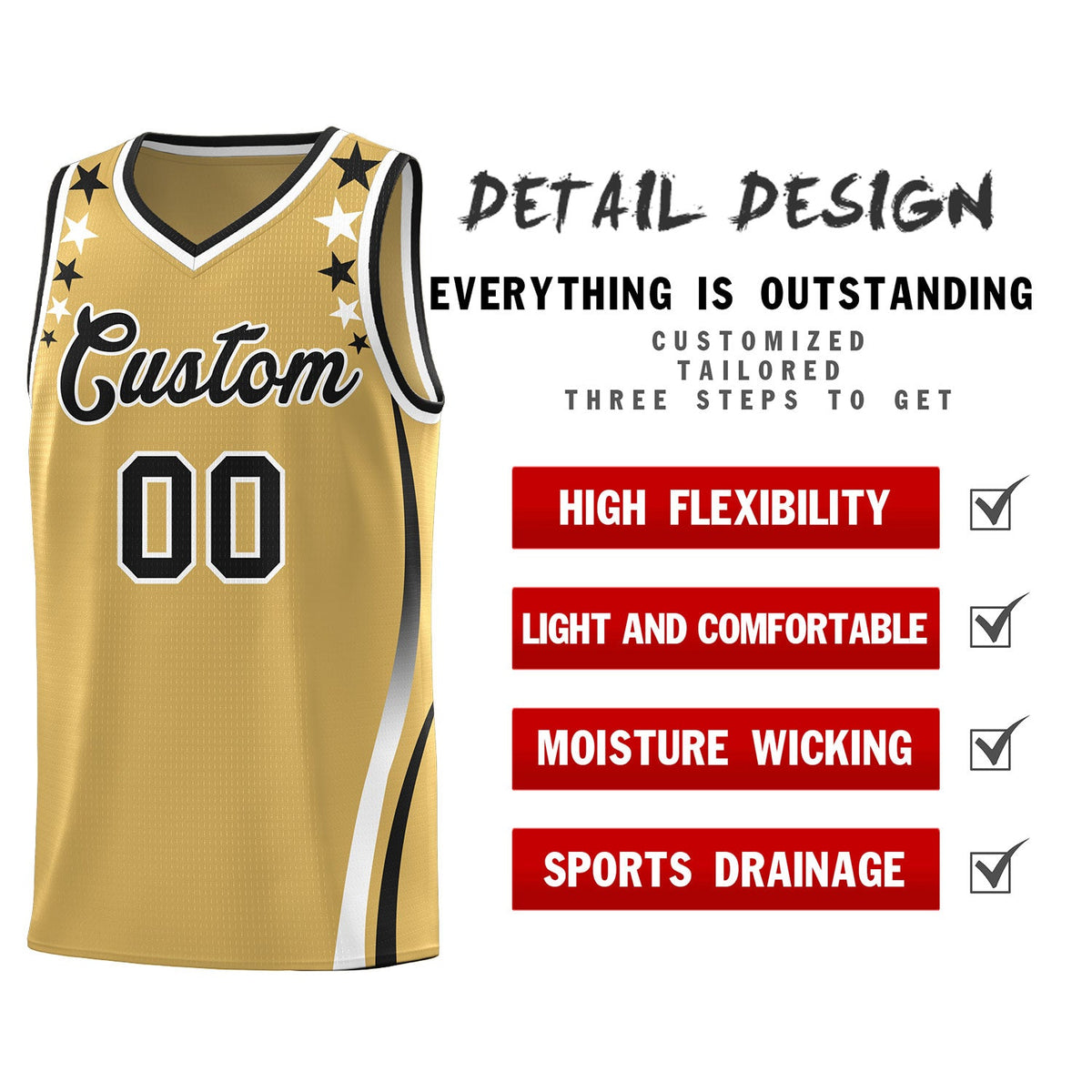 Custom Old Gold Shoulders Star Pattern Side Color Block Sports Uniform Basketball Jersey