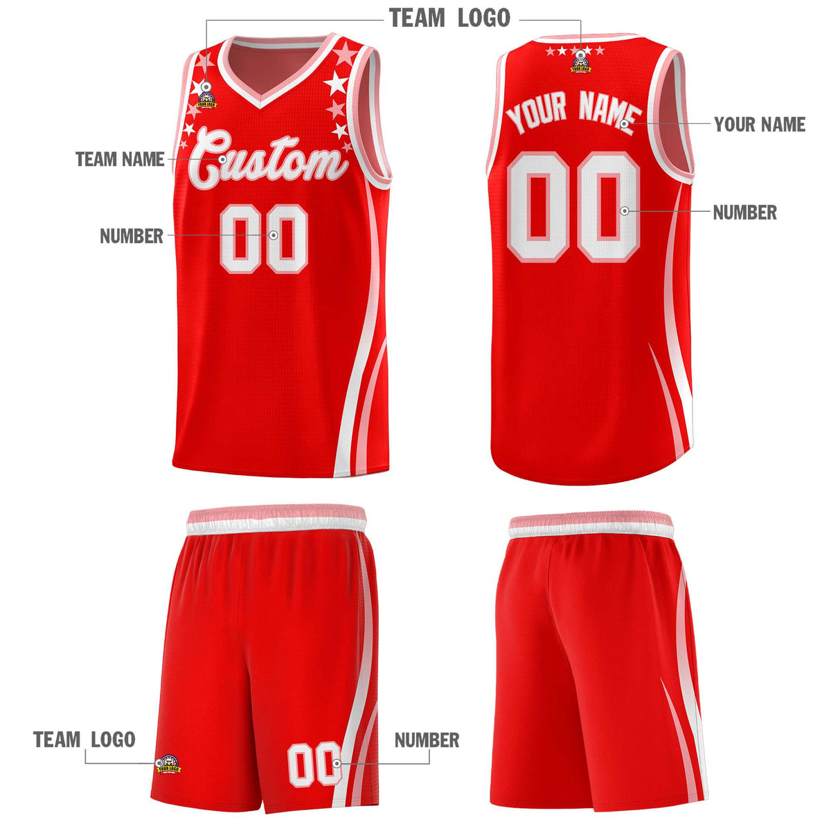 Custom Red Shoulders Star Pattern Side Color Block Sports Uniform Basketball Jersey