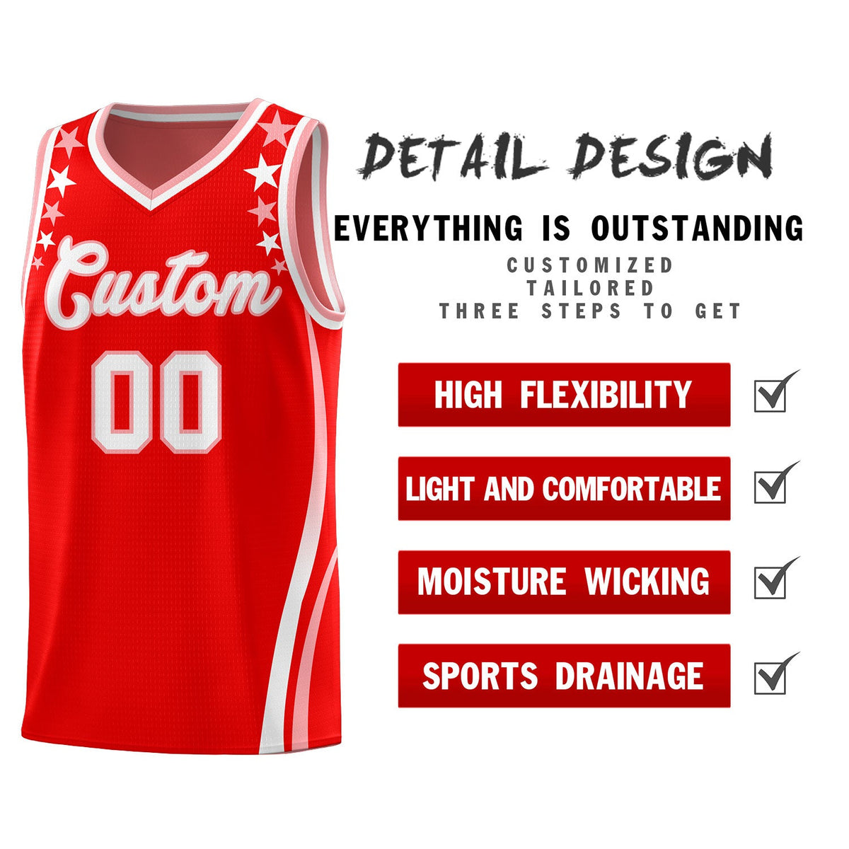 Custom Red Shoulders Star Pattern Side Color Block Sports Uniform Basketball Jersey