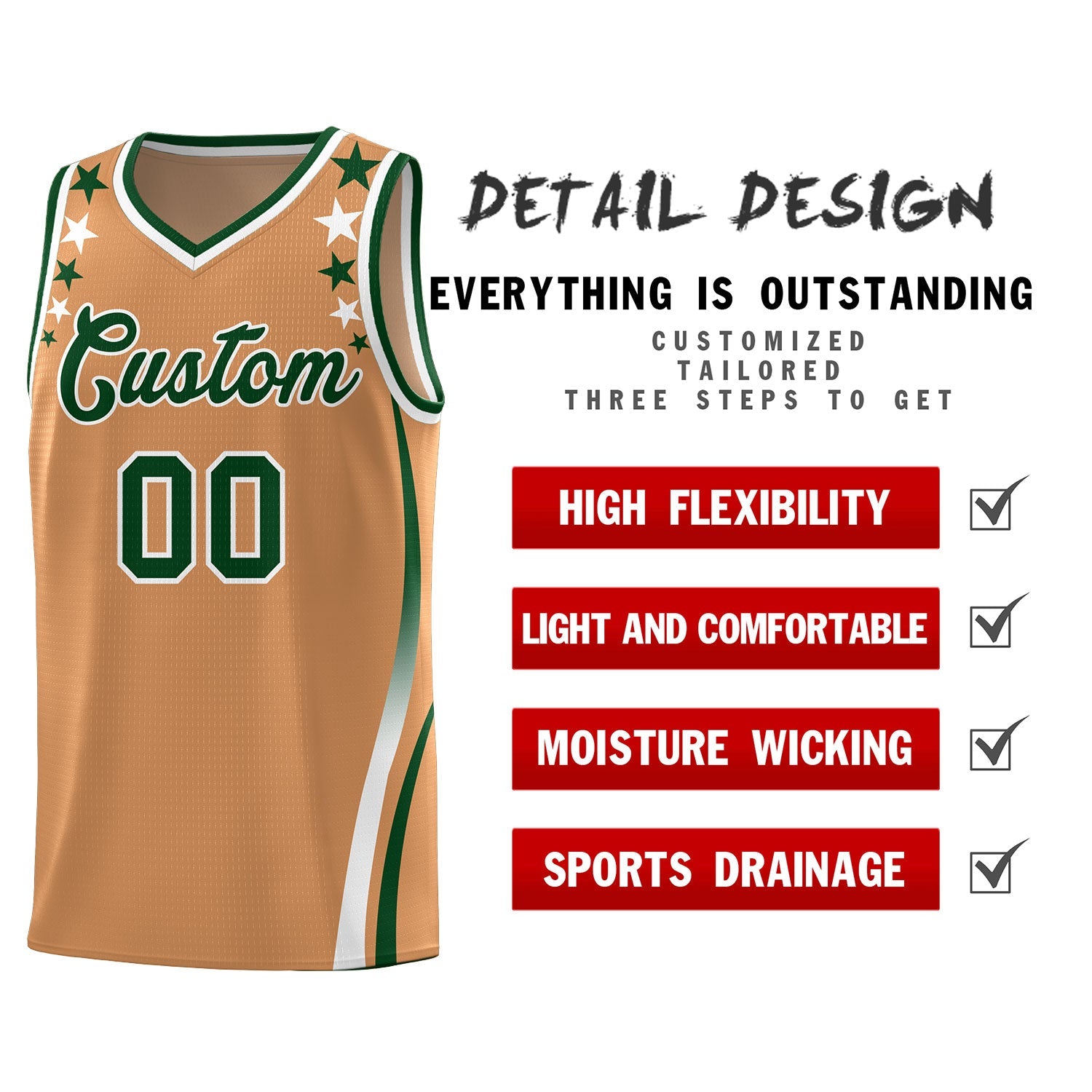 Custom Light Brown Shoulders Star Pattern Side Color Block Sports Uniform Basketball Jersey