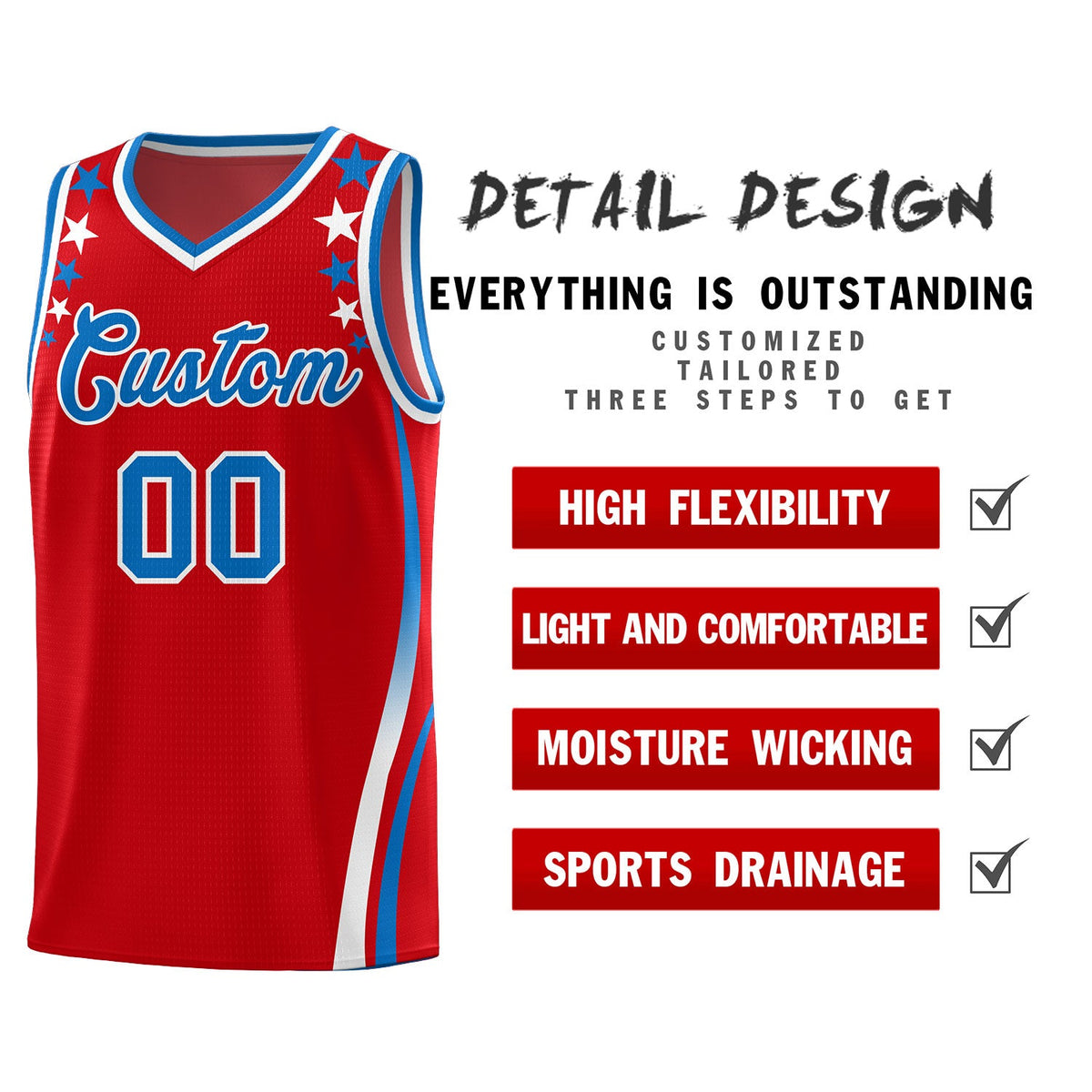 Custom Red Shoulders Star Pattern Side Color Block Sports Uniform Basketball Jersey