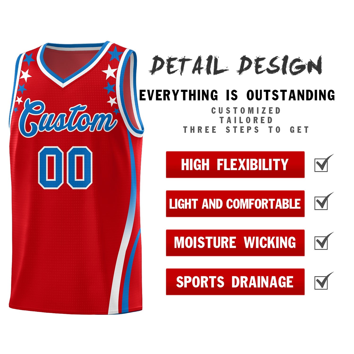 Custom Red Shoulders Star Pattern Side Color Block Sports Uniform Basketball Jersey