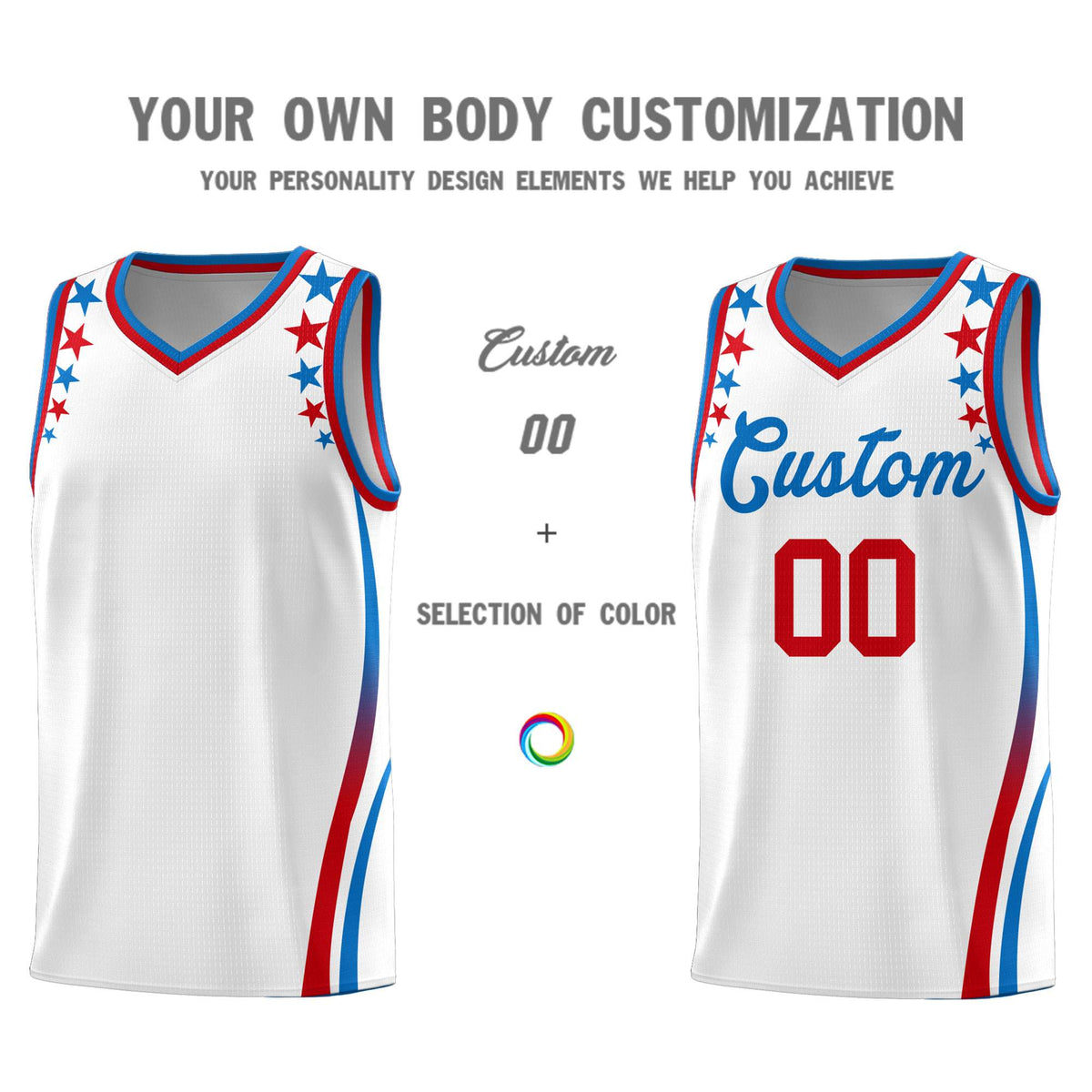 Custom White Shoulders Star Pattern Side Color Block Sports Uniform Basketball Jersey
