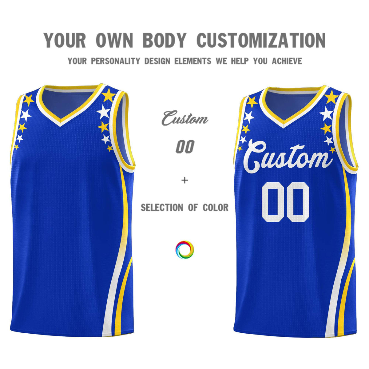 Custom Royal Shoulders Star Pattern Side Color Block Sports Uniform Basketball Jersey