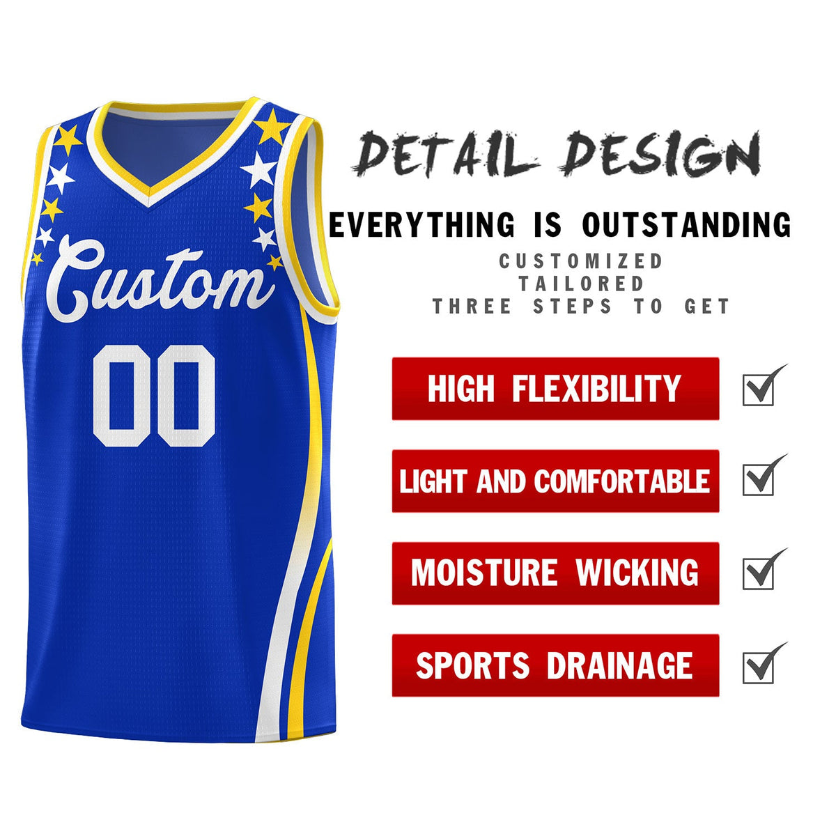 Custom Royal Shoulders Star Pattern Side Color Block Sports Uniform Basketball Jersey