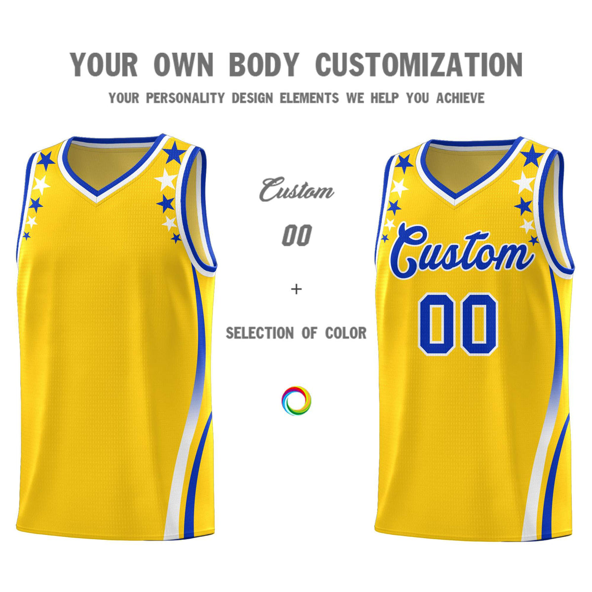Custom Gold Shoulders Star Pattern Side Color Block Sports Uniform Basketball Jersey