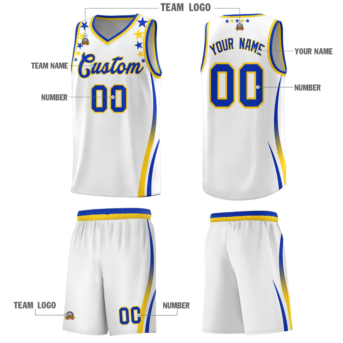 Custom White Shoulders Star Pattern Side Color Block Sports Uniform Basketball Jersey