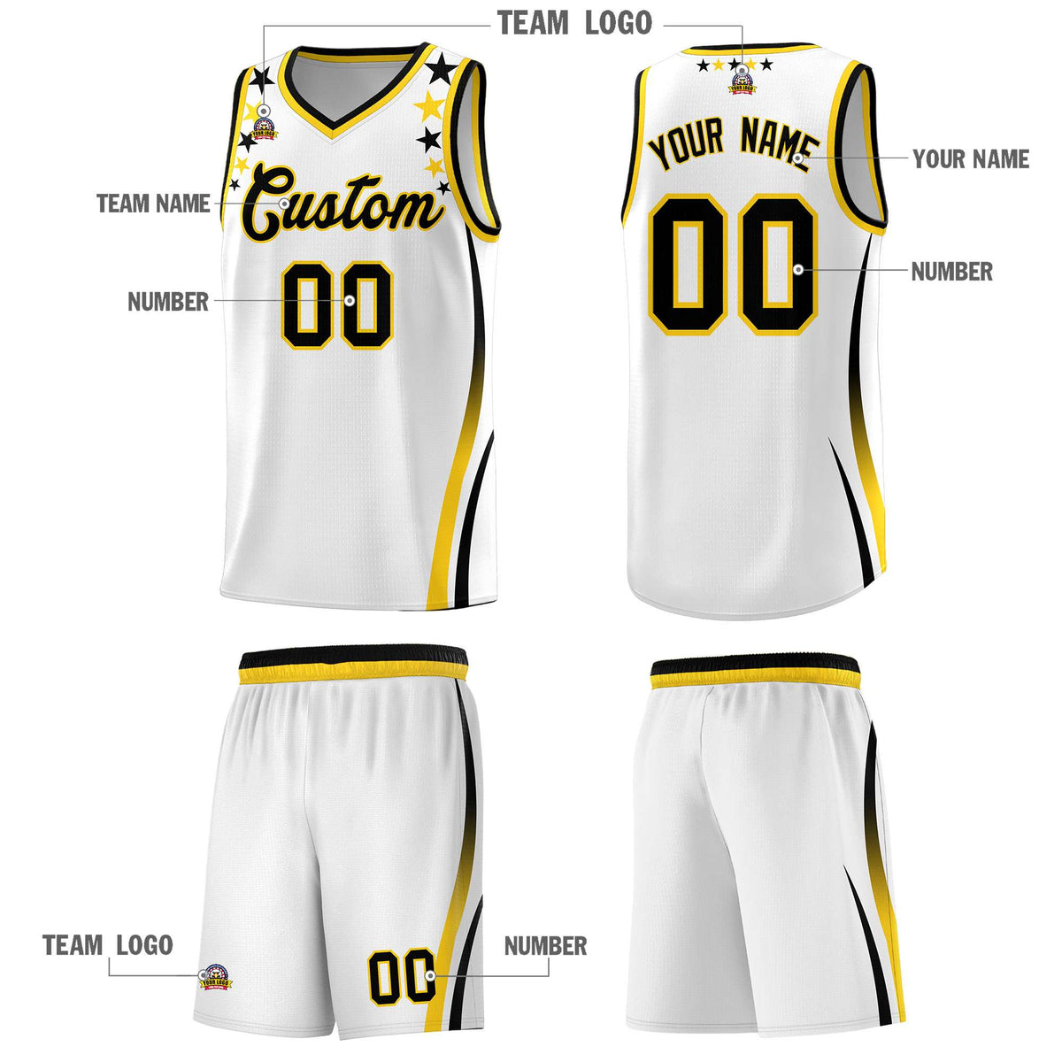 Custom White Shoulders Star Pattern Side Color Block Sports Uniform Basketball Jersey