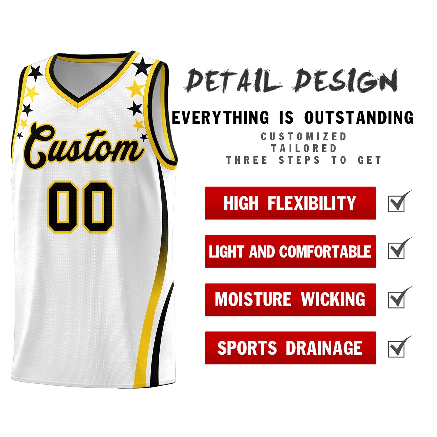 Custom White Shoulders Star Pattern Side Color Block Sports Uniform Basketball Jersey