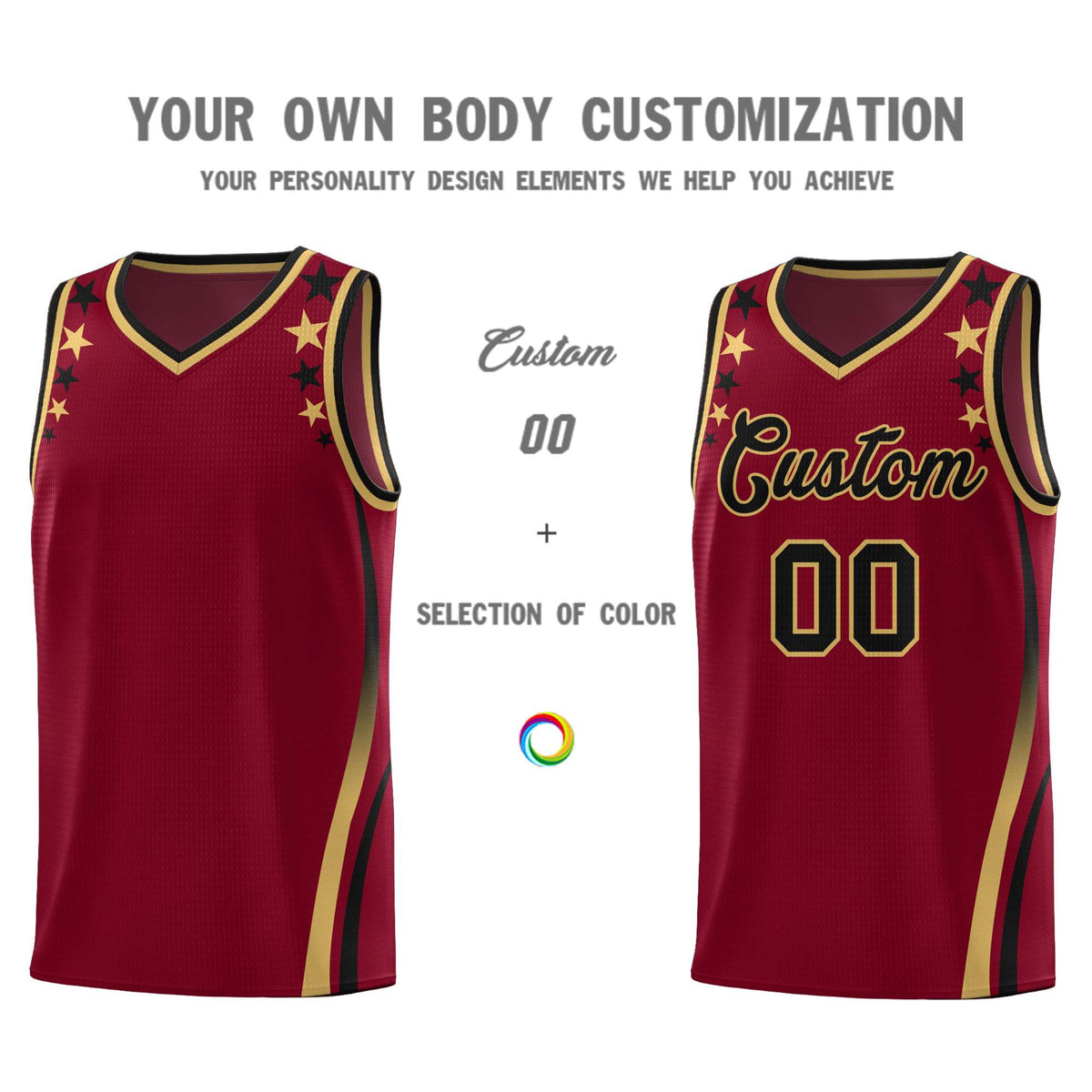 Custom Crimson Shoulders Star Pattern Side Color Block Sports Uniform Basketball Jersey