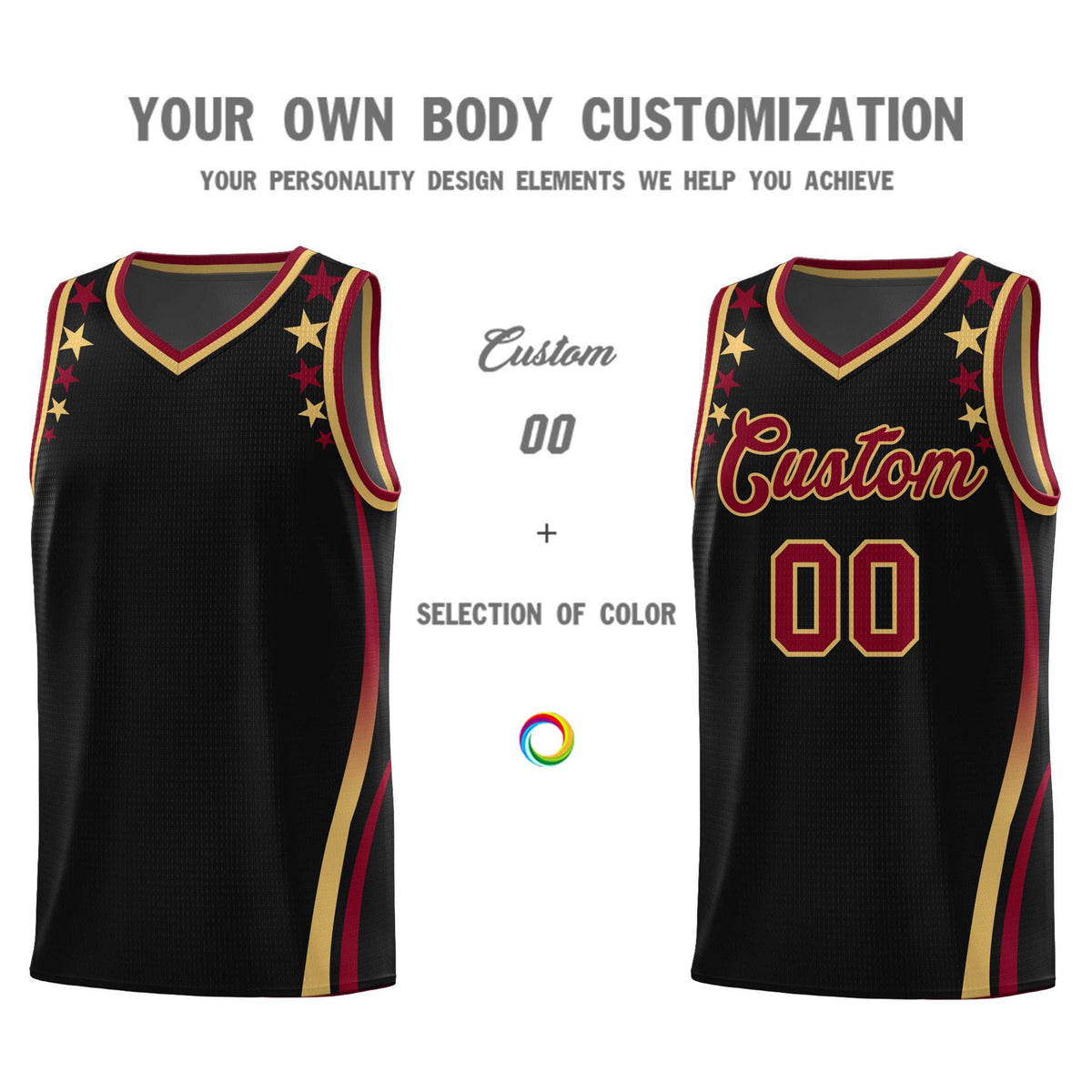 Custom Black Shoulders Star Pattern Side Color Block Sports Uniform Basketball Jersey