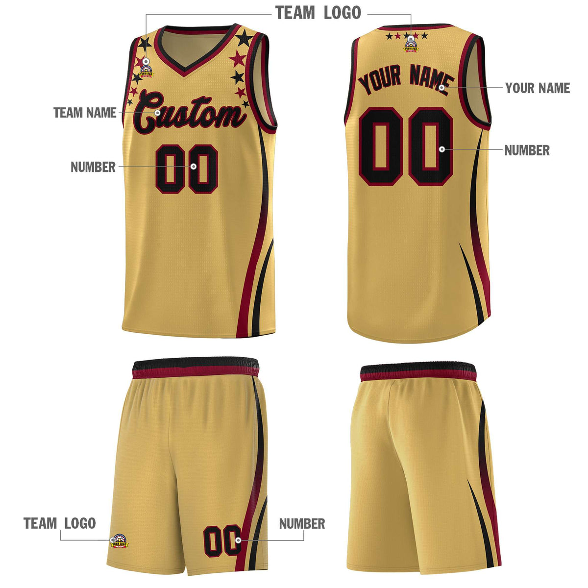 Custom Old Gold Shoulders Star Pattern Side Color Block Sports Uniform Basketball Jersey