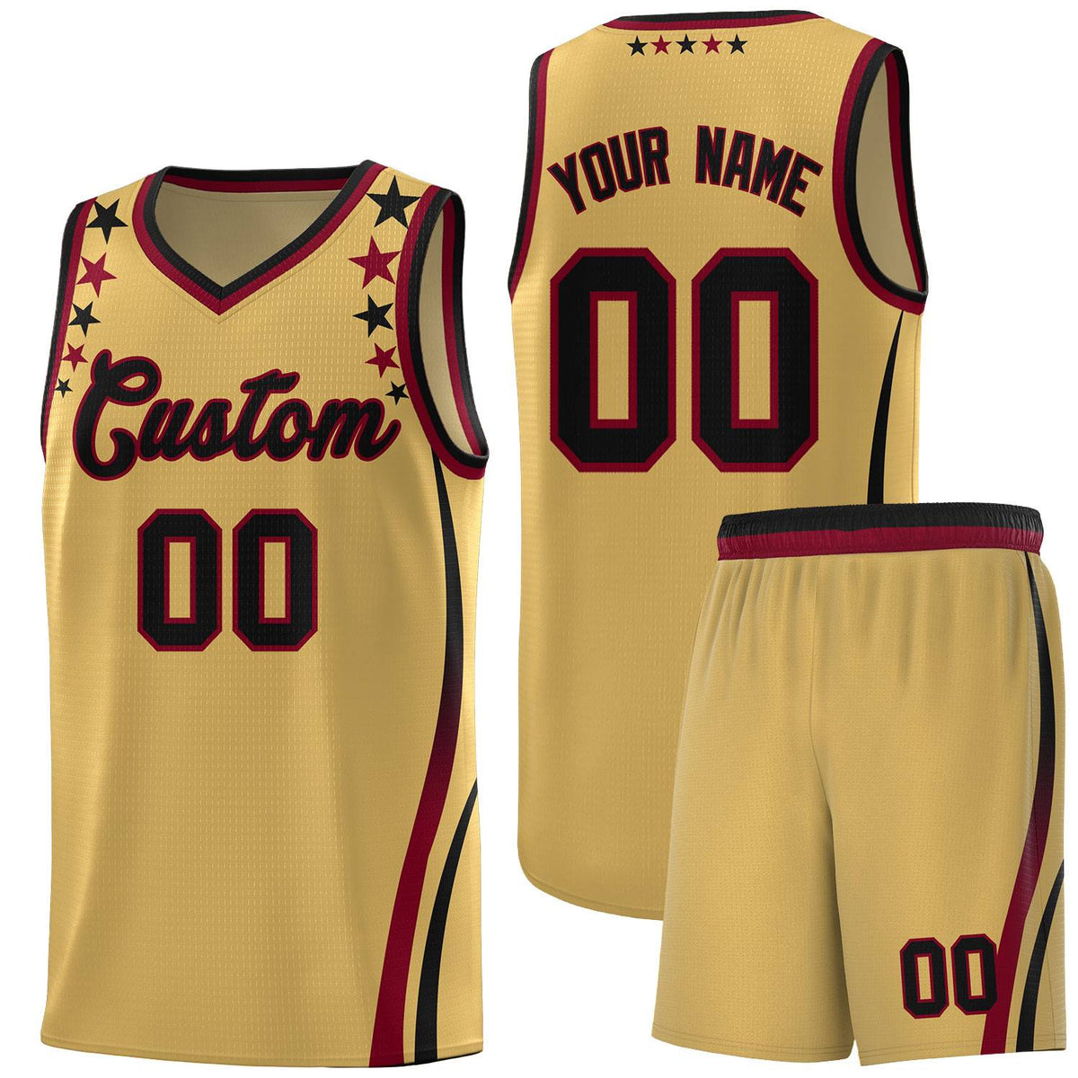 Custom Old Gold Shoulders Star Pattern Side Color Block Sports Uniform Basketball Jersey