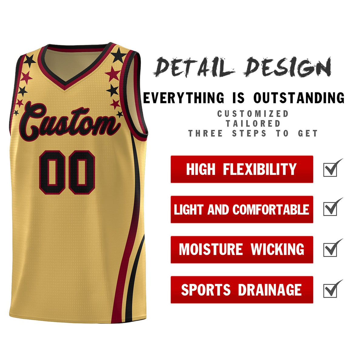 Custom Old Gold Shoulders Star Pattern Side Color Block Sports Uniform Basketball Jersey