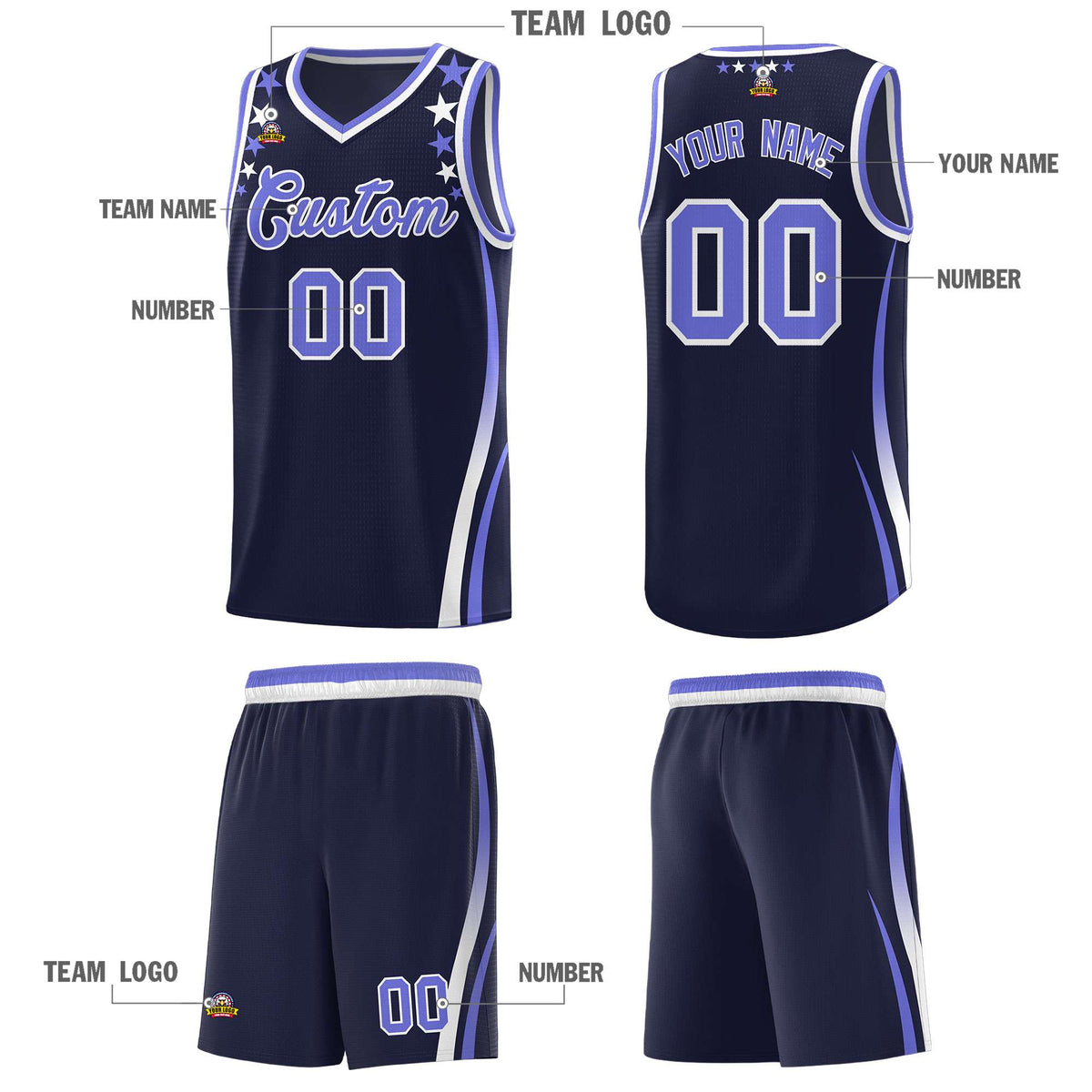 Custom Navy Shoulders Star Pattern Side Color Block Sports Uniform Basketball Jersey