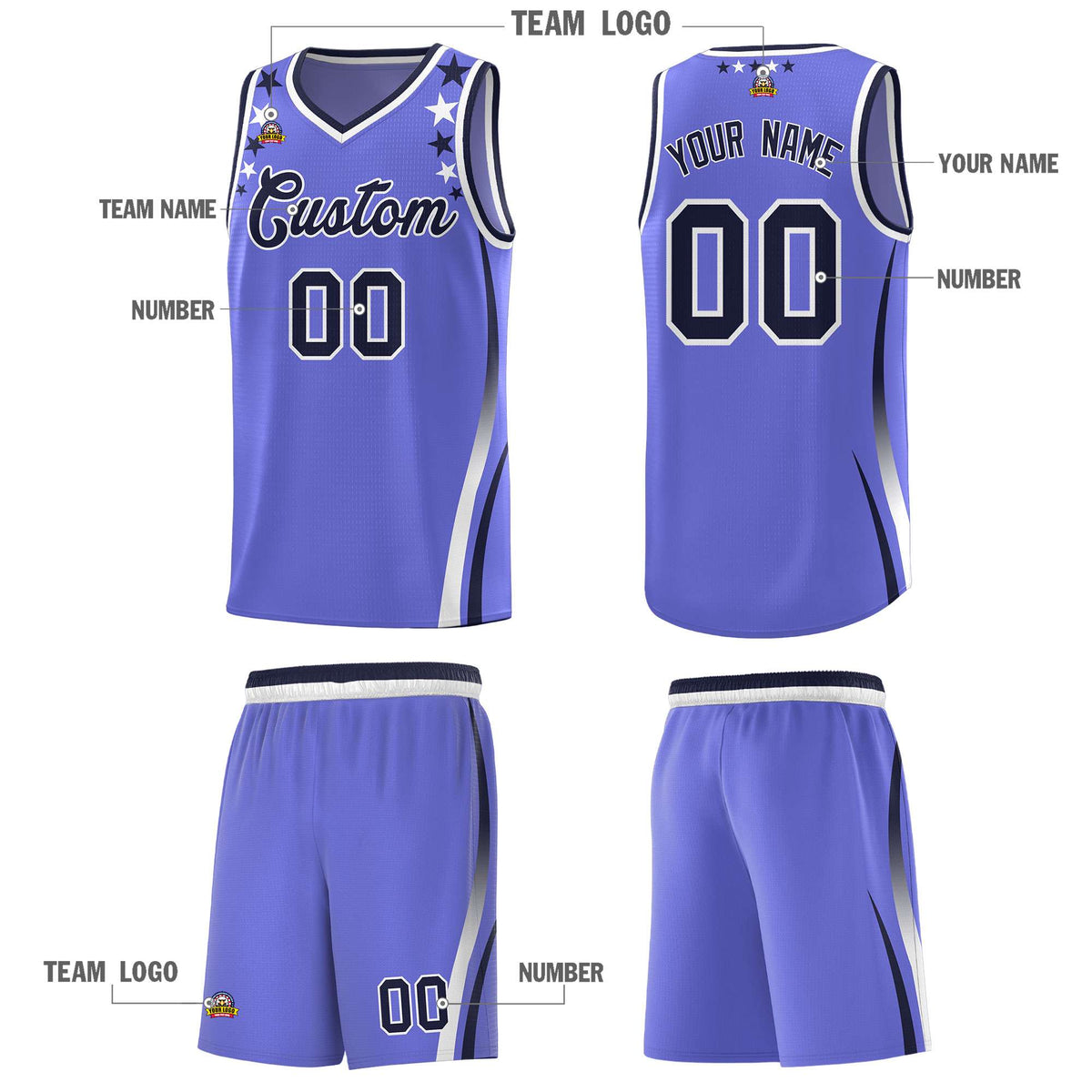 Custom Purple Shoulders Star Pattern Side Color Block Sports Uniform Basketball Jersey