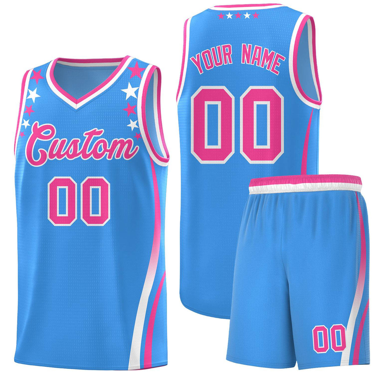 Custom Light Blue Shoulders Star Pattern Side Color Block Sports Uniform Basketball Jersey