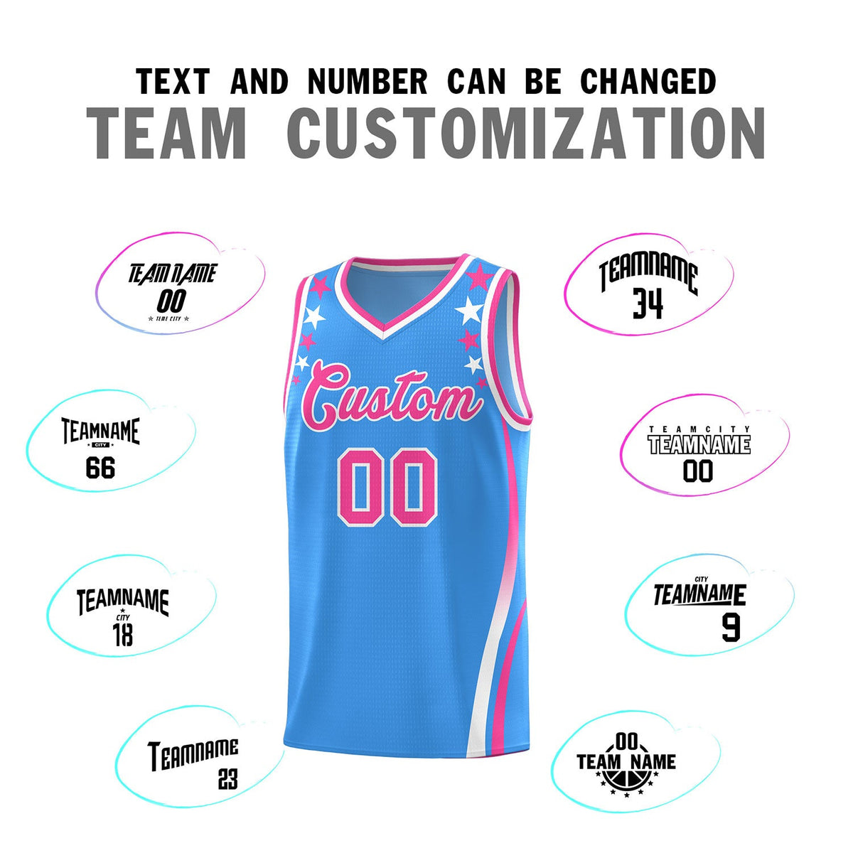 Custom Light Blue Shoulders Star Pattern Side Color Block Sports Uniform Basketball Jersey