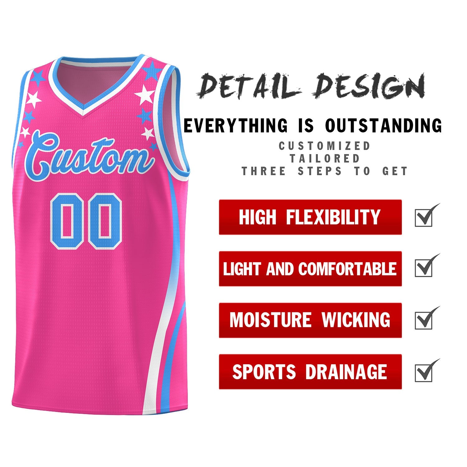 Custom Pink Shoulders Star Pattern Side Color Block Sports Uniform Basketball Jersey