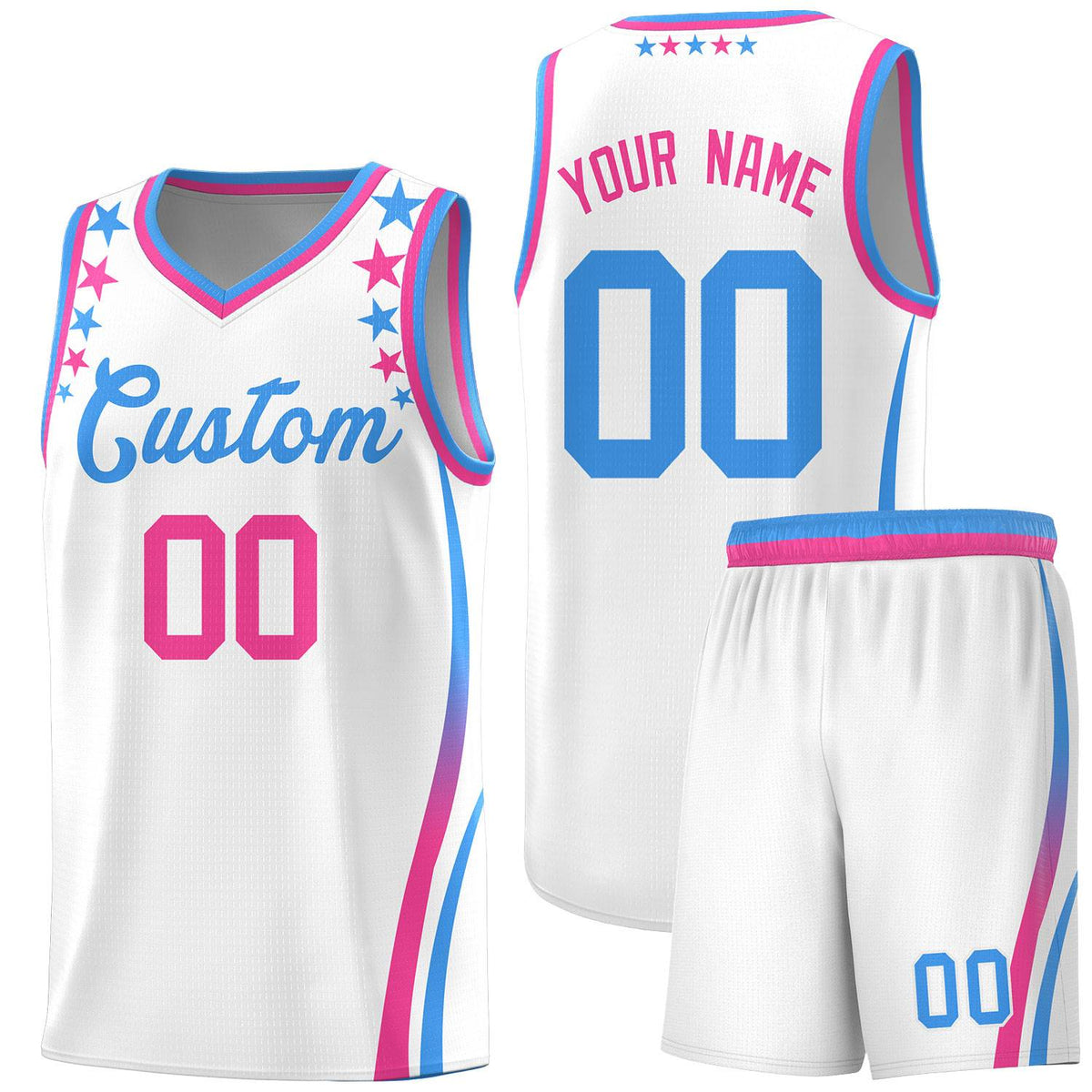 Custom White Shoulders Star Pattern Side Color Block Sports Uniform Basketball Jersey