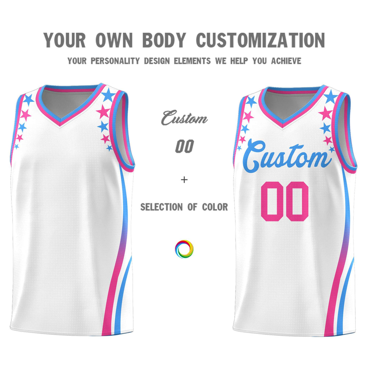 Custom White Shoulders Star Pattern Side Color Block Sports Uniform Basketball Jersey