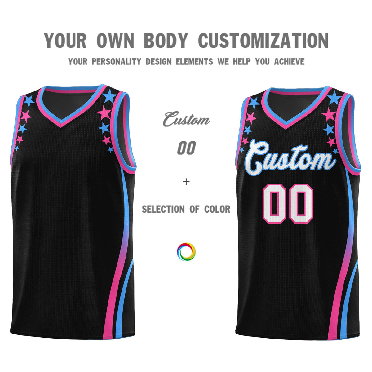 Custom Black Shoulders Star Pattern Side Color Block Sports Uniform Basketball Jersey