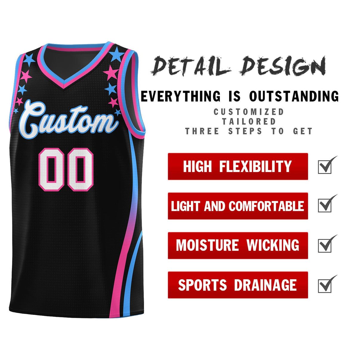 Custom Black Shoulders Star Pattern Side Color Block Sports Uniform Basketball Jersey