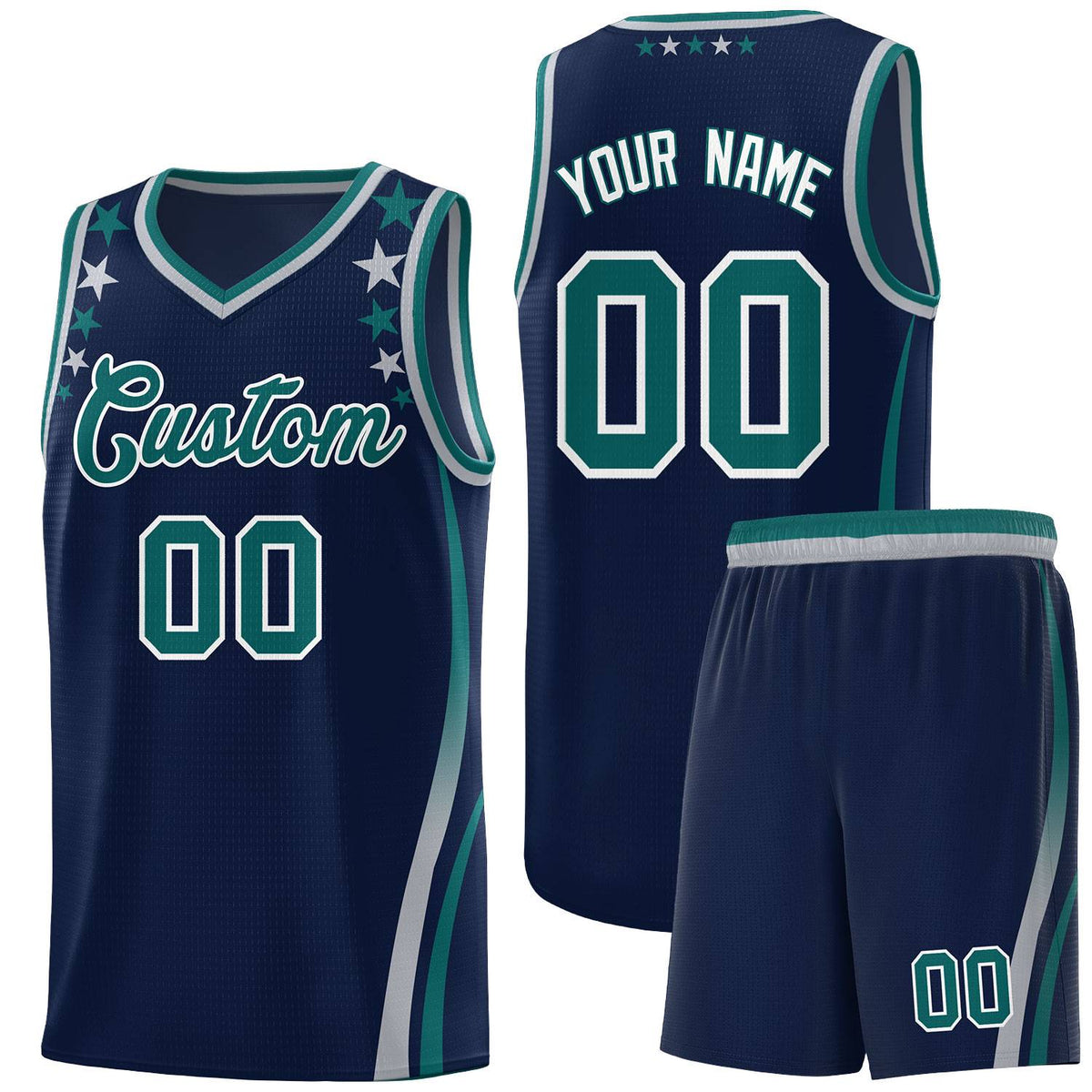 Custom Navy Shoulders Star Pattern Side Color Block Sports Uniform Basketball Jersey