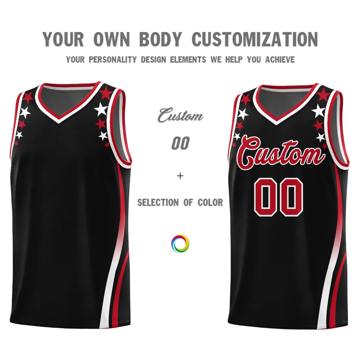Custom Black Shoulders Star Pattern Side Color Block Sports Uniform Basketball Jersey