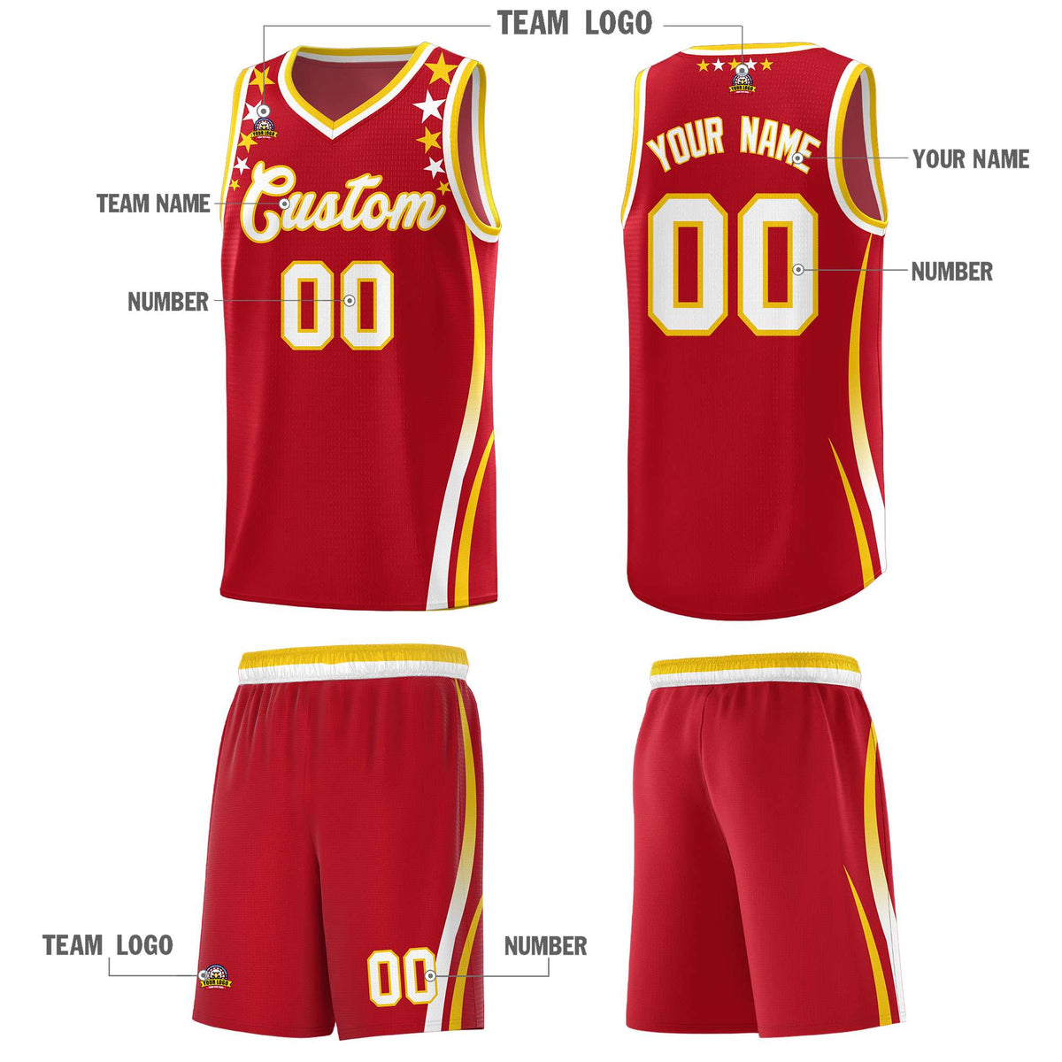 Custom Red Shoulders Star Pattern Side Color Block Sports Uniform Basketball Jersey