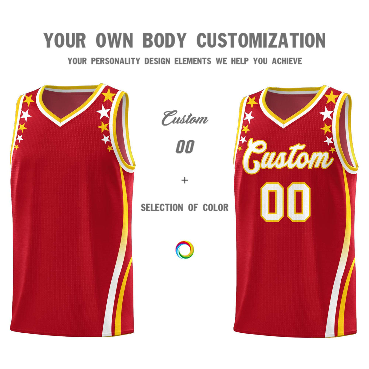 Custom Red Shoulders Star Pattern Side Color Block Sports Uniform Basketball Jersey
